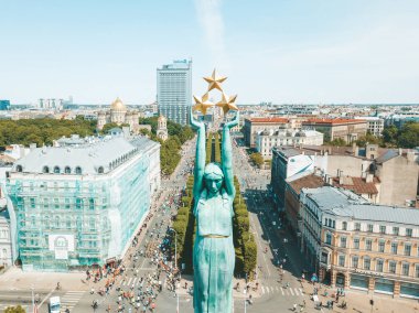 20 Mayıs 2018. Riga, Letonya. Anıtı Milda merkezi Riga Uluslararası Lattelecom maraton sırasında havadan görünümü.
