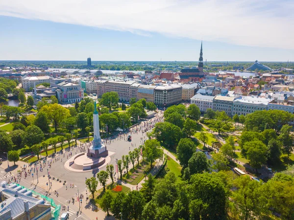 May 2018 Riga Latvia Aerial View Statue Liberty Milda Center — Stock Photo, Image