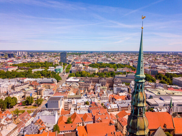 Aerial view of the bell tower of St. Peter's Cathedral in Riga, Latvia.