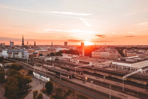 June 10, 2018. Riga, Latvia. Beautiful sunset over train station right in the middle of the city center.