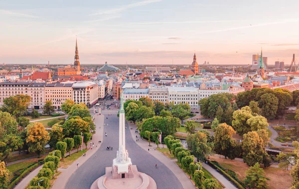 June 2018 Riga Latvia Beautiful Aerial View Statue Liberty Milda — Stock Photo, Image