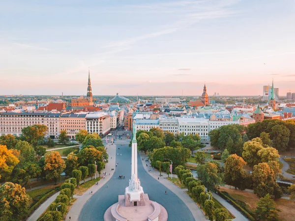 June 2018 Riga Latvia Beautiful Aerial View Statue Liberty Milda — Stock Photo, Image