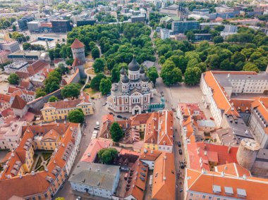 Birçok eski ile Tallinn eski şehrin havadan görünümü şaşırtıcı deniz ve kale ufukta evler.