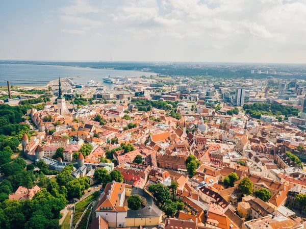 Birçok eski ile Tallinn eski şehrin havadan görünümü şaşırtıcı deniz ve kale ufukta evler.