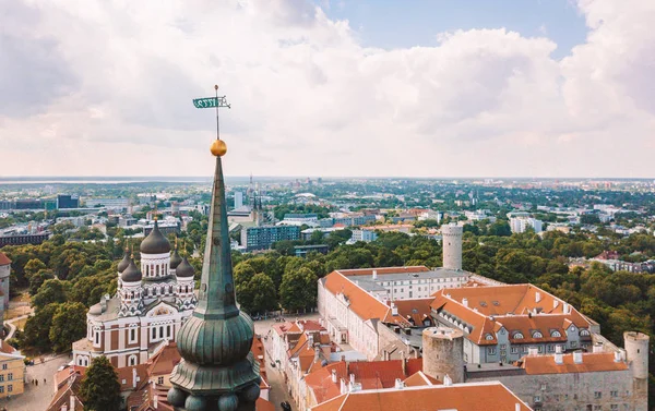 Birçok eski ile Tallinn eski şehrin havadan görünümü şaşırtıcı deniz ve kale ufukta evler.