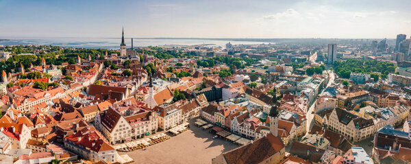 Amazing aerial Skyline of Tallinn Town Hall Square with Old Market Square, Estonia. Beautiful old medieval town in Estonia.