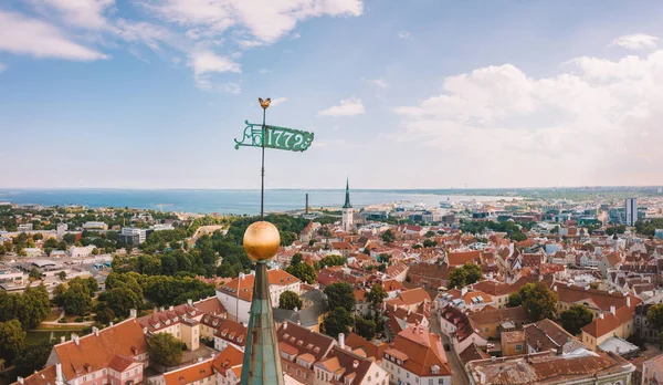 Birçok eski ile Tallinn eski şehrin havadan görünümü şaşırtıcı deniz ve kale ufukta evler.