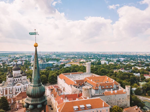 Birçok eski ile Tallinn eski şehrin havadan görünümü şaşırtıcı deniz ve kale ufukta evler.