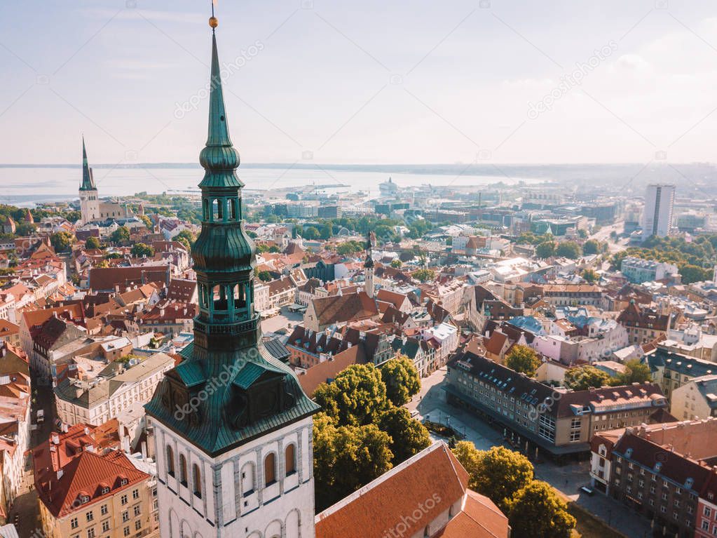 Amazing aerial Skyline of Tallinn Town Hall Square with Old Market Square, Estonia. Beautiful old medieval town in Estonia.