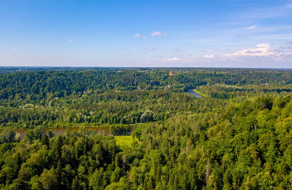 Luchtfoto Van Stad Van Sigulda Met Rivier Gauja Een Brug — Stockfoto