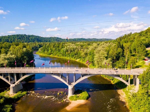Gauja nehir ve teleferik vadi üzerinden ile bir köprüden Sigulda şehrin havadan görünümü