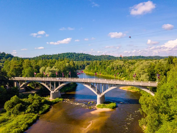 Gauja nehir ve teleferik vadi üzerinden ile bir köprüden Sigulda şehrin havadan görünümü