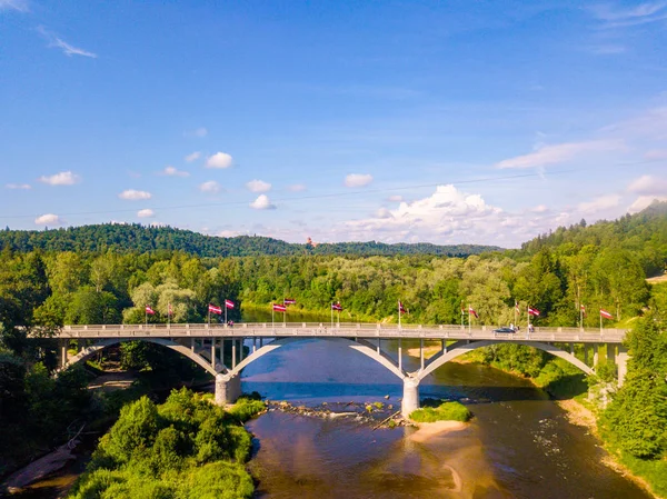 Gauja nehir ve teleferik vadi üzerinden ile bir köprüden Sigulda şehrin havadan görünümü