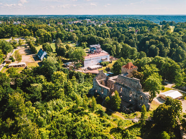 Aerial view on beautiful famous new castle in Sigulda, Latvia