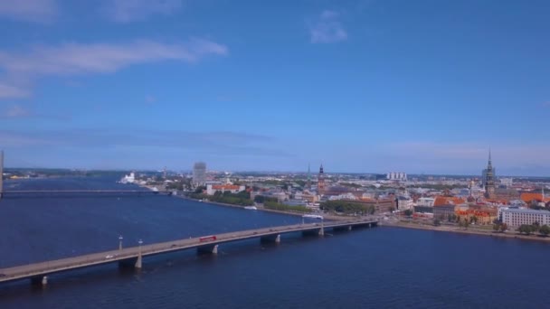 Beautiful Aerial View Riga City Old Town River Daugava Bridges — Stock Video