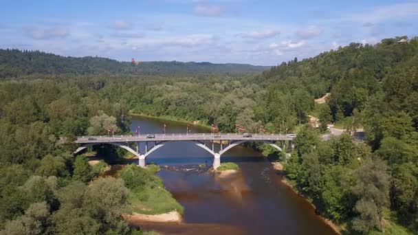 空中西居尔达观图雷德斯城堡 巨大的绿色森林 河上的桥与缆车穿过山谷 美丽的拉脱维亚 — 图库视频影像