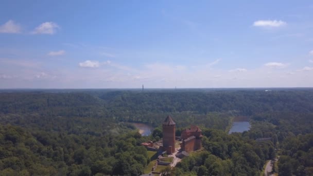 Turaides城 巨大な緑の森と空中シグルダの景色 谷を渡ってケーブルカーでゴーヤ川を渡る橋 美しいラトビア — ストック動画