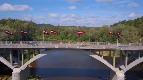 Vue Aérienne Sigulda Avec Château Turaides Immenses Forêts Verdoyantes Pont — Video