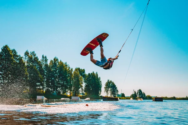 Marupe Latvia July 2018 Young Man Wakeboarding Lake Making Raley — Stock Photo, Image