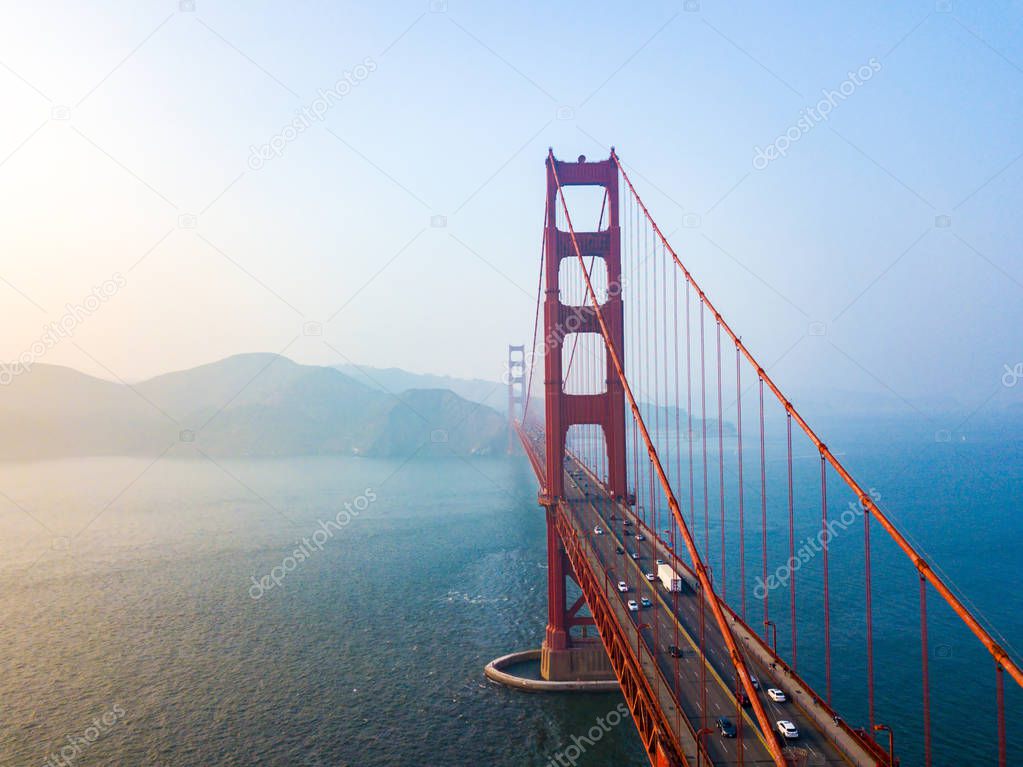 Aerial view of the San Francisco Golden Gate bridge. Beautiful close up shots.