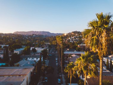 Palmiye ağaçları batımında Los Angeles'ta Hollywood yazısını ufukta ile Beverly Hills sokak.