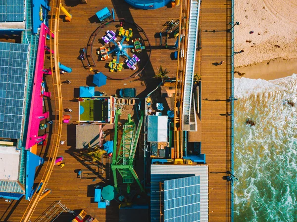 Aerial View Santa Monica Amusement Park Roller Coaster Ferris Wheel — Stock Photo, Image