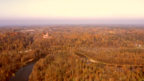 Schöne Luftaufnahme Des Goldenen Herbstes Sigulda Lettland Turaides Burg Gauja — Stockvideo