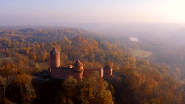スィグルダ ラトビアで黄金色の秋の美しい空中朝の景色 Turaides 城とガウヤ川橋 ケーブルカー ゴールデン フォレスト — ストック動画