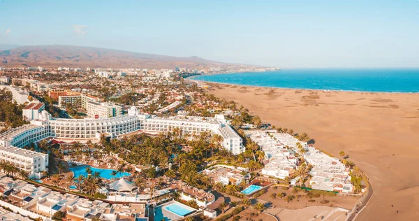 Aerial view of the Maspalomas dunes on the Gran Canaria island. Panoramic view. 