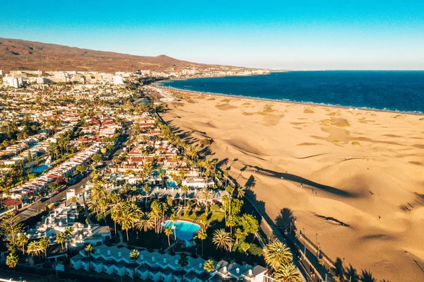 Aerial Maspalomas dunes view on Gran Canaria island near famous RIU hotel.