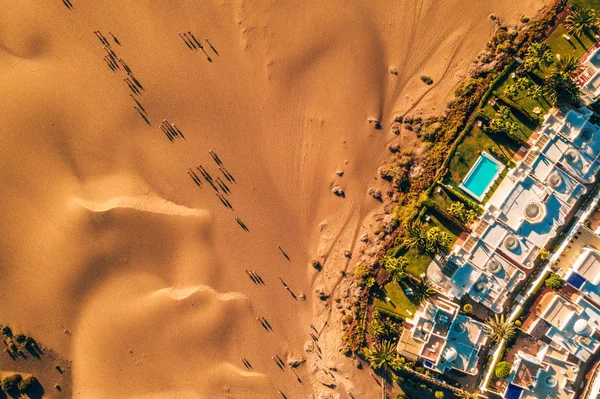 Luchtfoto Van Mensen Lopen Door Woestijn — Stockfoto