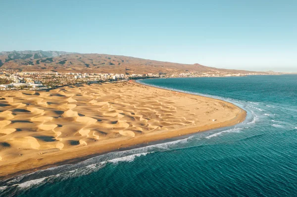Aerial Maspalomas dunes view on Gran Canaria island near famous RIU hotel.