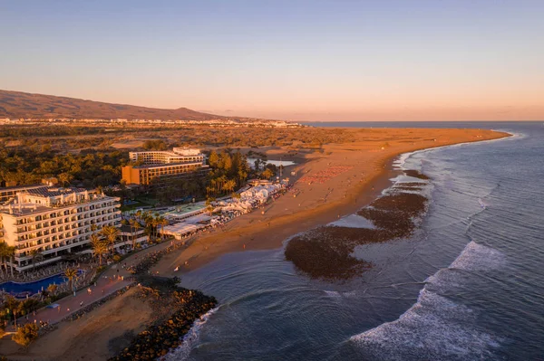 Vista Aérea Isla Gran Canaria Atardecer Hermosa Playa Cerca Las —  Fotos de Stock