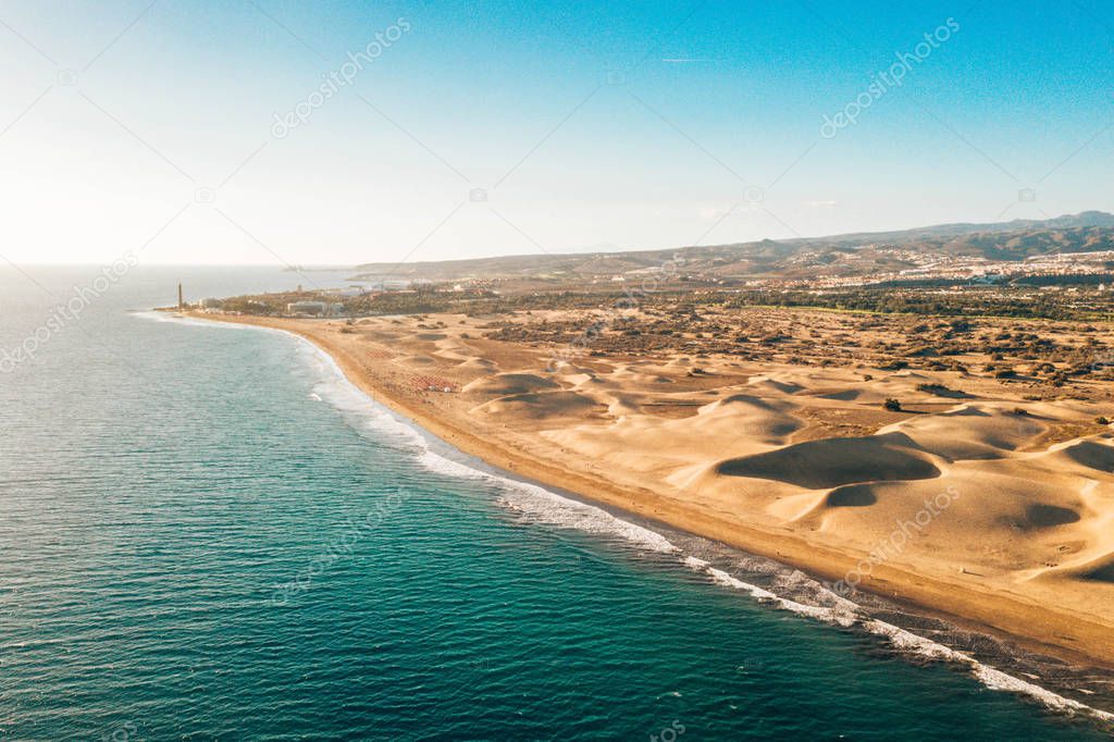 Aerial Maspalomas dunes view on Gran Canaria island near famous RIU hotel.