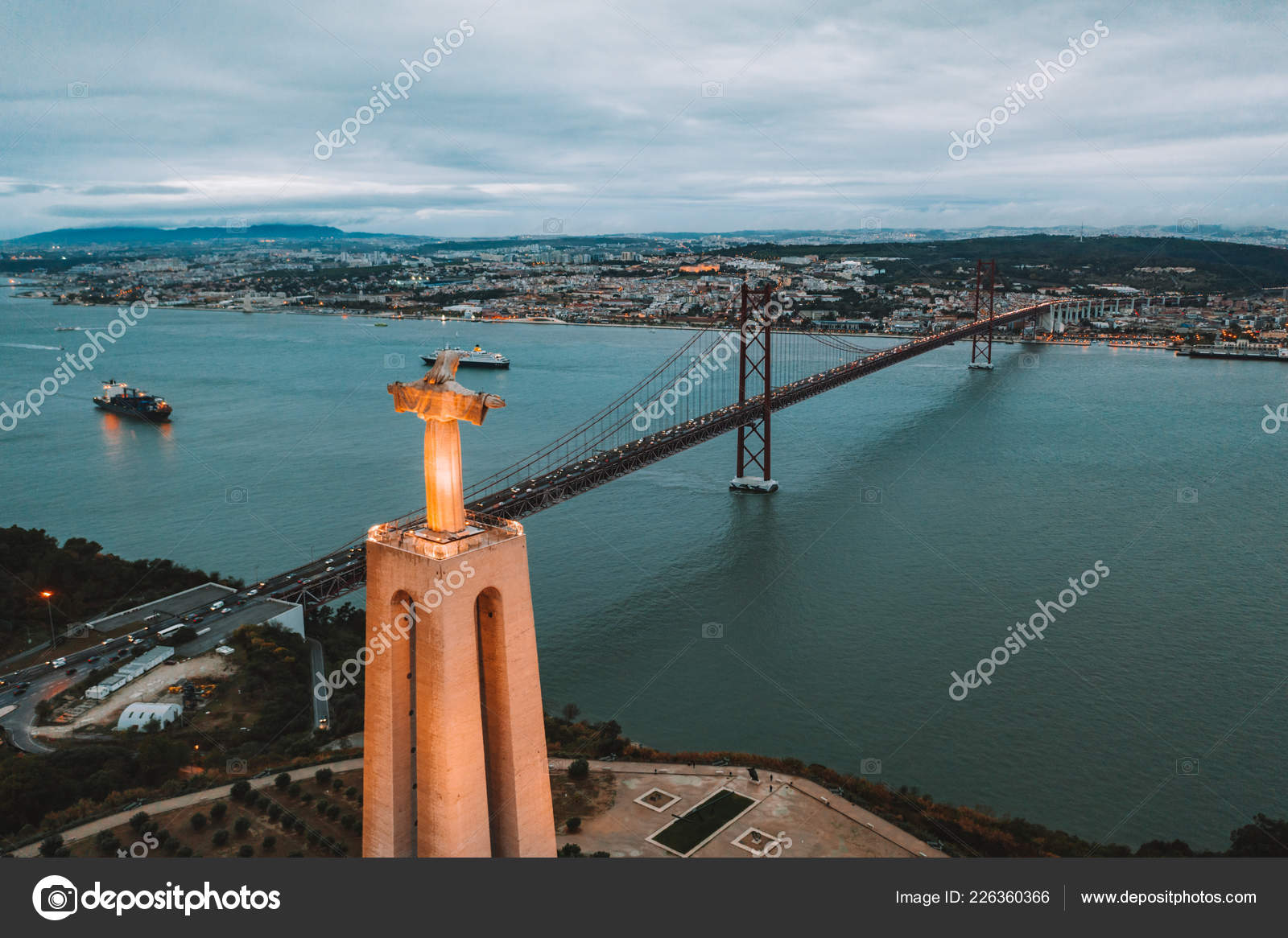 Cristo Rei Christ Statue Lisbon Evening Time Aerial View Lisbon Stock