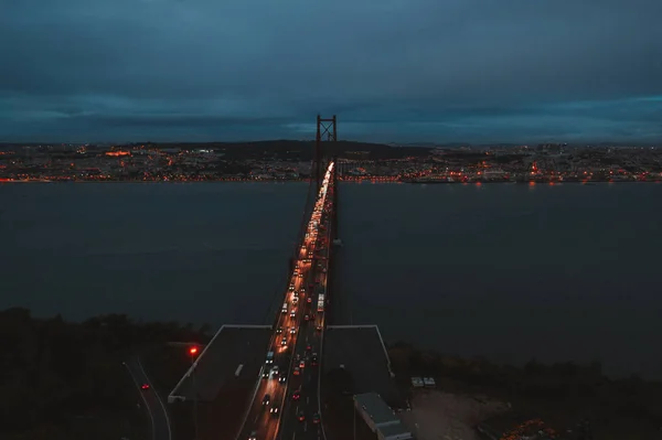 Antenowe Nocny Widok Mostu Ponte Abril Lizbona Portugalia — Zdjęcie stockowe