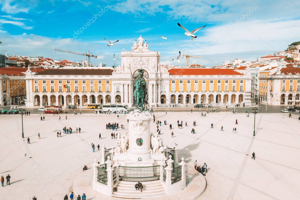 Beautiful aerial Lisbon view from above near city center and famous Comercio Square.