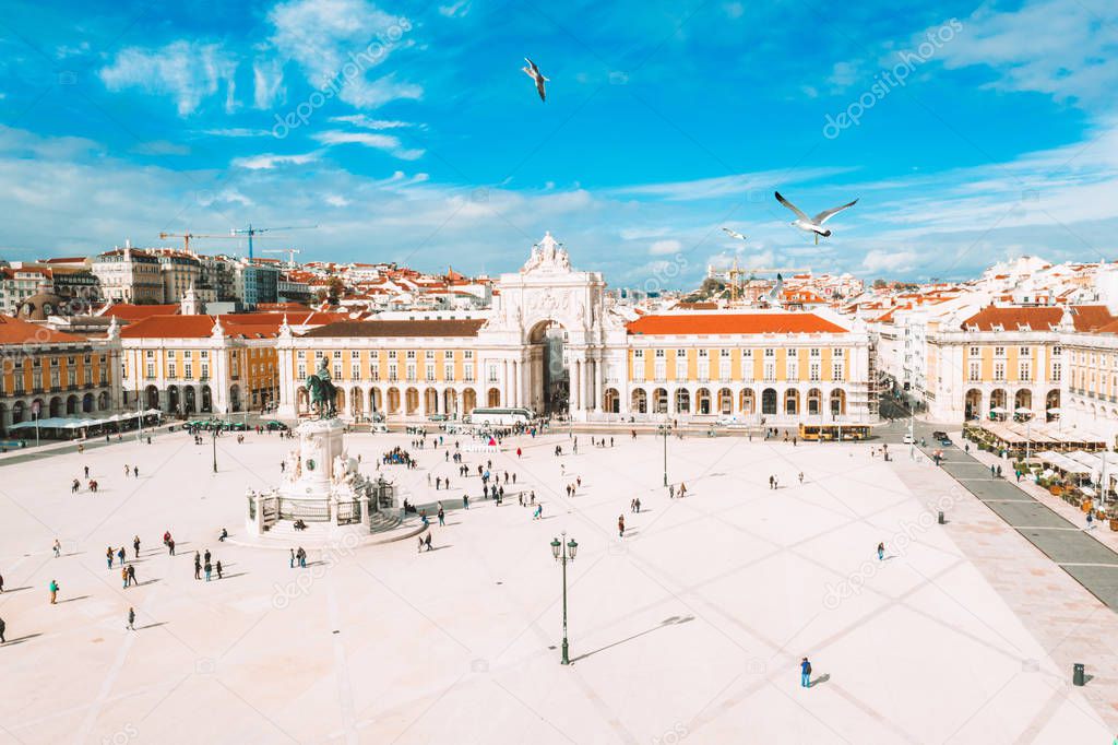 Beautiful aerial Lisbon view from above near city center and famous Comercio Square.