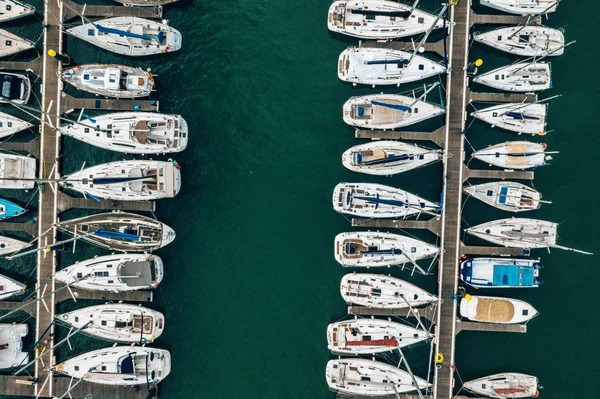 Aerial View Docs Many Yachts Docked Next Each Other — Stock Photo, Image