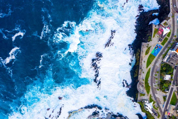 Vista Aérea Aldeia Porto Moniz Com Piscina Lava Rock Ilha — Fotografia de Stock