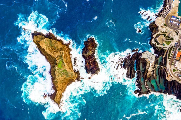 Vista Aérea Aldeia Porto Moniz Com Piscina Lava Rock Ilha — Fotografia de Stock