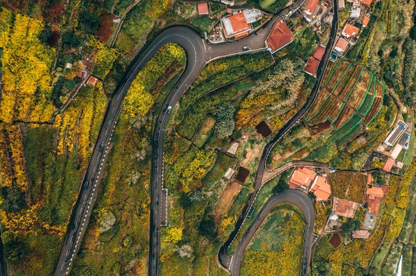 Aerial view of cliff road in autumn with road cutting through having different turns and curves