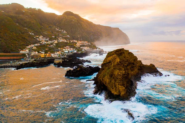 Vue Aérienne Village Porto Moniz Avec Piscine Lave Roche Île — Photo