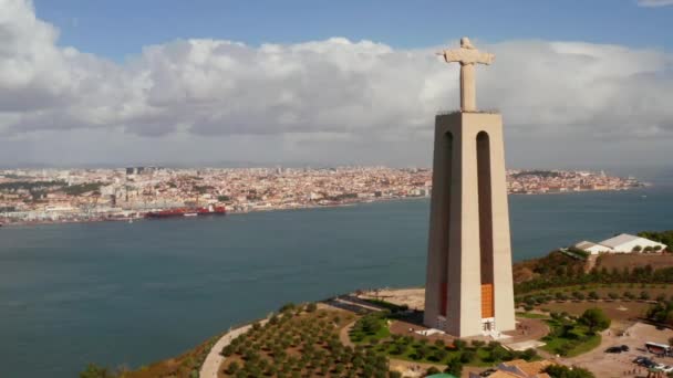 Lisbon Portugal Aerial Bird View Sanctuary Christ King Portuguese Santuario — Stock Video