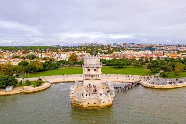 Luftaufnahme Des Belem Turms Mit Einer Drohne Eine Mittelalterliche Burg — Stockfoto