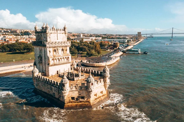 Панорамное Фото Белемской Башни Беспилотника Крепость Средневекового Замка Реке Тежу — стоковое фото