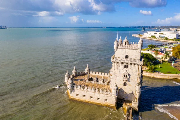Hava Dron Panorama Fotoğraf Belem Kulesi Lizbon Portekiz Tagus Nehri — Stok fotoğraf
