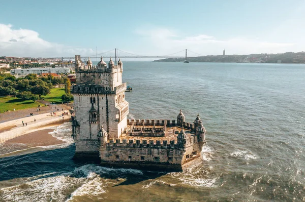 Drone Aéreo Foto Panorâmica Torre Belém Fortificação Castelo Medieval Rio — Fotografia de Stock