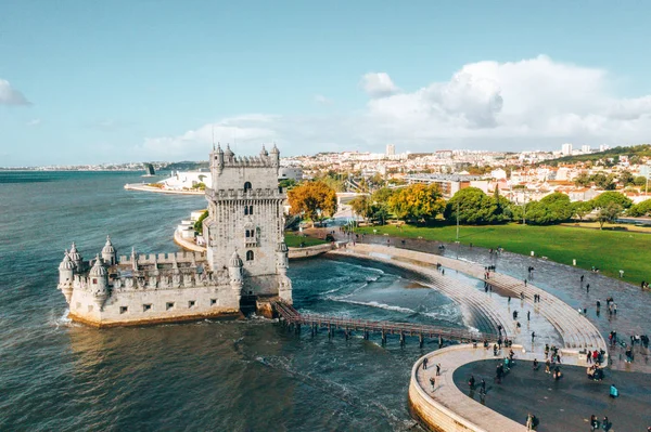 Luftaufnahme Des Belem Turms Mit Einer Drohne Eine Mittelalterliche Burg — Stockfoto