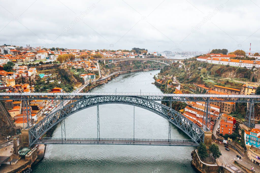 November 10, 2018. Porto, Portugal. Dom-Luis bridge at Porto in Portugal. Barcos rabelos.